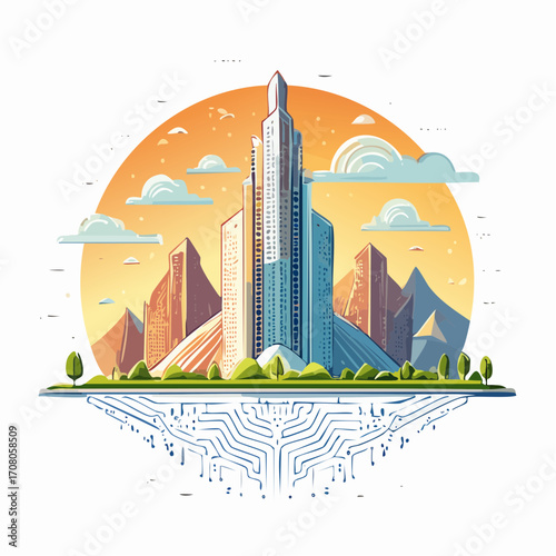 Pixel Art Cityscape With Futuristic Skyscrapers At Sunset