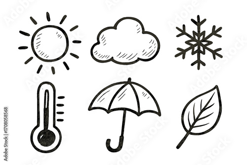 Hand drawn weather symbols set. Doodle forecast icon collection with sun, cloud, snow, thermometer, umbrella, leaf. Vector cartoon illustration for seasons design element.