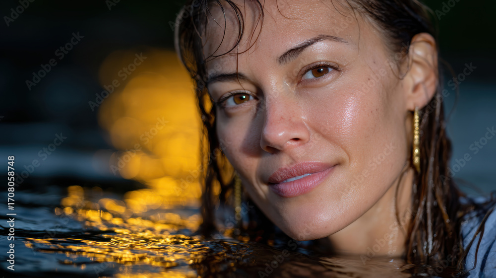 Fototapeta premium A captivating portrait of a woman submerged in water, with golden reflections creating a serene atmosphere, exemplifying beauty, tranquility, and connection with nature.
