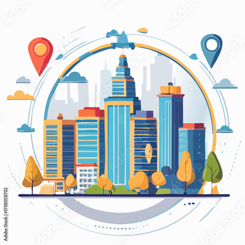 Modern Cityscape with GPS Markers and Autumnal Trees