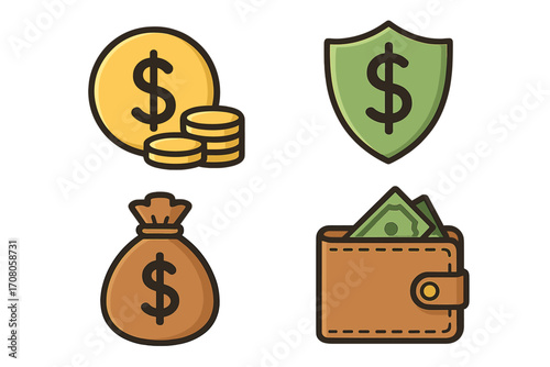 Financial security and money saving icon set. Vector icons of dollar coin, shield, money bag, and wallet. Concepts for banking, investment, insurance, and wealth.