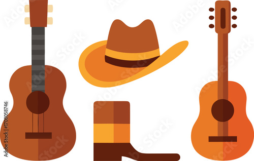 Country music festival elements cowboy hat boots guitar vector illustration eps