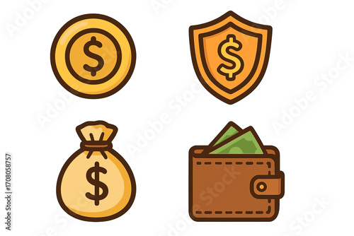 Finance and money savings icon set. Vector cartoon icons of dollar coin, security shield, money bag, and wallet. For business, banking, investment, and insurance design.