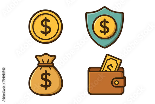 Money savings and financial insurance icon set. Vector cartoon dollar coin, protection shield, money bag and wallet. Finance, security, banking and investment concept.