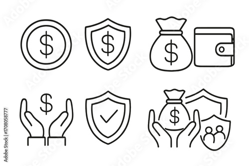 Money savings and finance insurance vector line icon set. Financial protection, investment security, family safety concept. Dollar, wallet, cash symbols for web, app design.