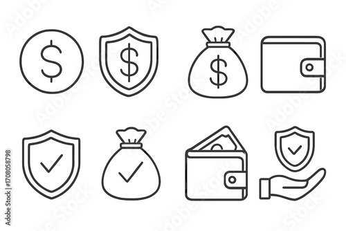 Financial security and insurance concepts line icon set. Money savings, investment protection, secure transaction, wealth management, banking, and budget planning vector icons.