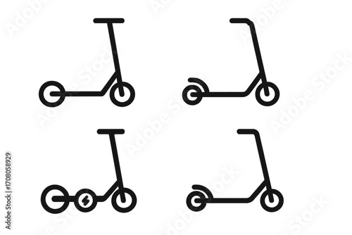 Electric and kick scooter icon set. Minimalist line art symbols for urban mobility and transport. Vector illustration collection of modern e-scooter and push scooter graphics.