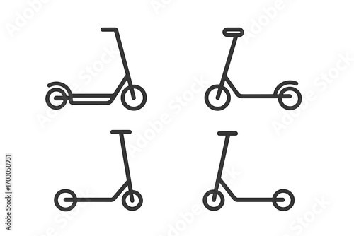 Electric and kick scooter line icon set. Minimalist vector illustration of urban transport. Personal mobility vehicle symbols. Eco friendly city travel graphic elements.
