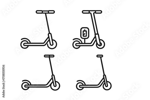 Electric and kick scooter minimalist line art icon set. Vector illustration for urban mobility, transport concepts. E-scooter sharing, rental business and eco-friendly travel.