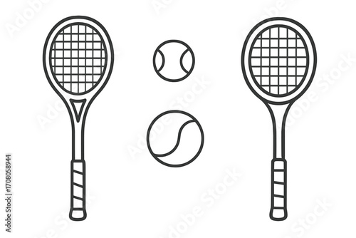 Tennis racket and ball line art icon set. Minimalist sports equipment vector illustration. Simple outline design for game, match, or competition. Professional sport gear concept.