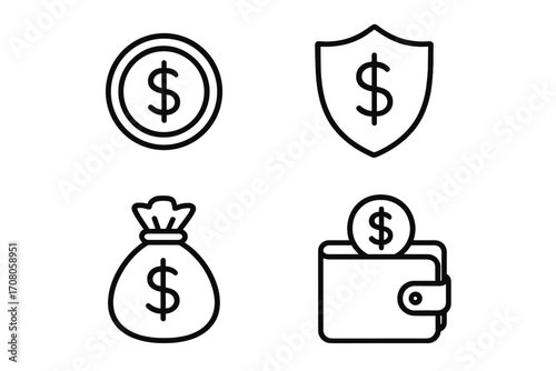 Finance line icon set. Money saving and insurance concept. Dollar coin, secure shield, moneybag and wallet icons. Financial protection, investment, and wealth symbols.