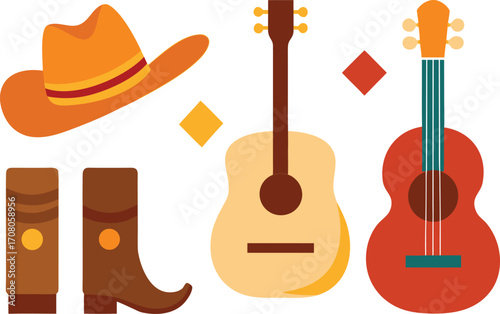 Country music festival elements cowboy hat boots guitars vector illustration eps scalable icon