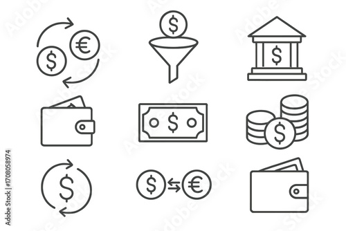 Vector line icon set of money and finance. Concepts for currency exchange, banking, payment, and investment. Includes wallet, cash, dollar, euro, and bank icons. Editable stroke.