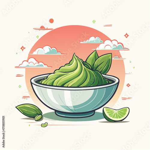 Green Dessert in White Bowl With Lime Under Sunset Pixel Art