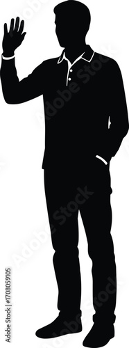 Silhouette of man waving hand, standing casually with one hand in pocket, black vector illustration, friendly gesture, isolated on white background.