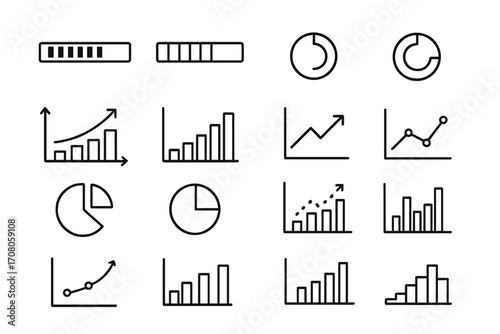 Big pack of line icons of data analysis, diagrams, and statistics. Includes progress bar, loading bar, charts, and graphs. Vector infographics elements for business report. Editable stroke.