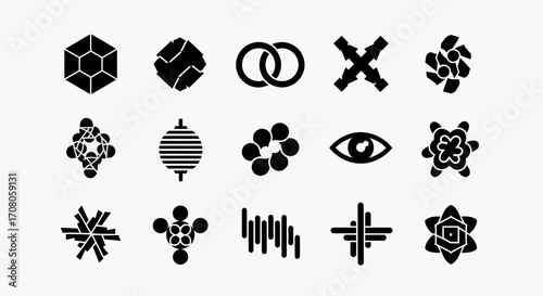 Collection of abstract geometric symbols and icons, , representing diverse concepts and designs