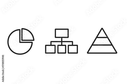 Pie chart hierarchy pyramid icon set for UI design, placards, books, apps, web sites, editable stroke, vector cartoon illustration, infographic symbols collection