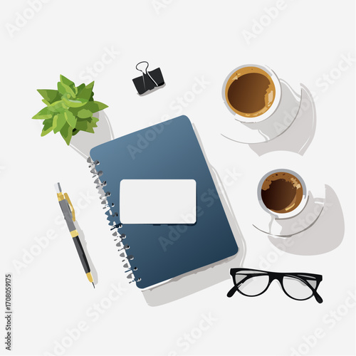 Flat Lay of Workspace with Coffee and Notebook