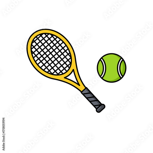 Tennis racket and ball in flat design style with vibrant colors  