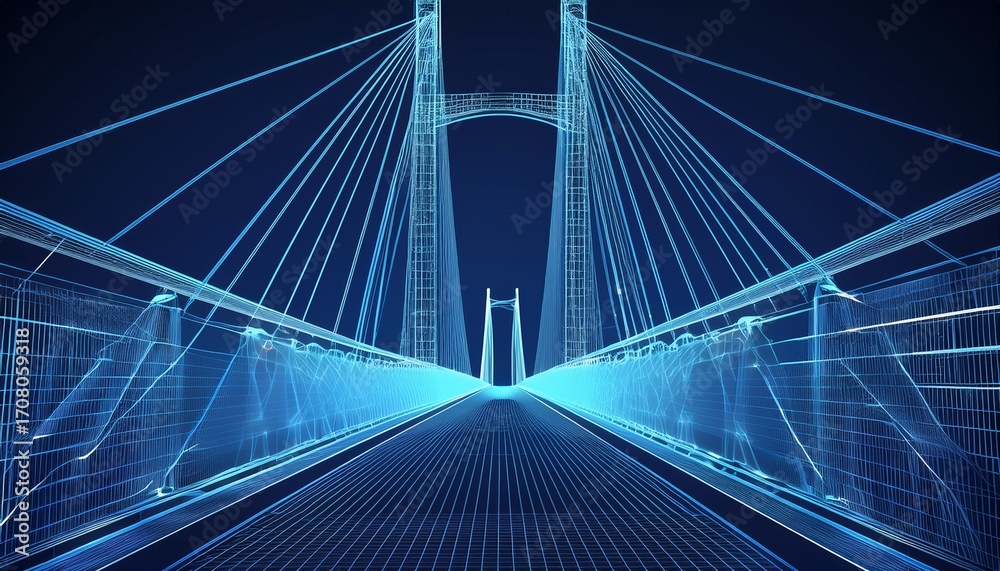 Obraz premium wireframe blueprint of a modern suspension bridge in blue tones