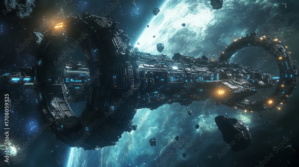 Fototapeta premium Imagine a scene a futuristic spaceship, showcasing advanced technology. It blends adventurous exploration with universal mysteries, evoking awe and curiosity about the cosmos and the infinite universe