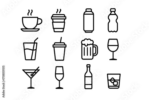 Set of Minimalistic Line Icons for Coffee, Soft Drinks, Alcoholic Beverages, Editable Stroke Vector Pictograms for Cards, Apps, Banners, Social Media Posts, Design Elements