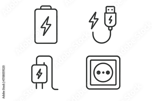Energy technology icons set. Editable line vector illustrations for web design, apps, digital cards. Includes battery, USB cable, charger plug, power outlet symbols in minimal style