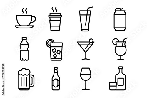 Set of minimalistic line icons of coffee cups, soft drinks, cocktails, beer mugs, wine glasses, and bottles. Editable stroke vector for cards, apps, banners, posts, and graphic design