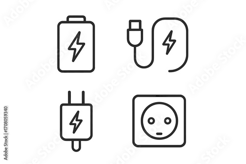 Energy line icons set with editable stroke for design, websites, apps, cards, featuring battery, USB cable, charger, electrical outlet vector illustrations, cartoon style