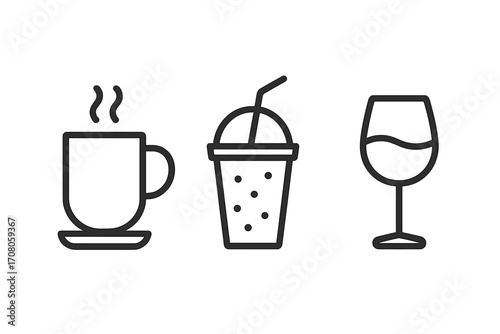 Simple linear icons of coffee cup, soft drink with straw, and wine glass. Minimalistic editable stroke design. Beverage symbols for menus, apps, banners, and cards. Vector illustration.