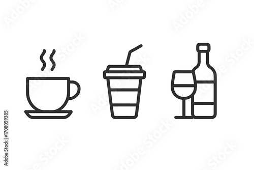 Simple linear icons of coffee cup with steam, soft drink cup with straw, alcoholic wine bottle and glass, editable stroke minimalistic vector set for cards, apps, banners, posts design