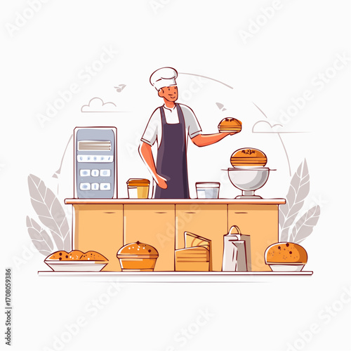 Baker Holding Fresh Bread In Bakery Shop