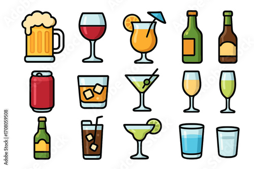 Soft drinks and alcoholic beverages outline icons bundle, including beer mug, wine glass, cocktail, bottle, canned drink, whiskey glass, martini glass, and more for card and app design