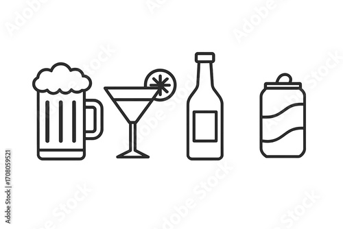 Simple linear vector icons of beer mug, cocktail glass with slice, liquor bottle, and soda can, minimalist alcohol and soft drink illustrations for cards, apps, and web designs