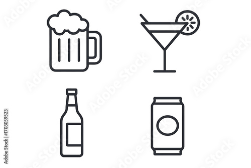 Simple linear vector icons of beer mug, cocktail glass with slice, bottle, and soda can, versatile alcohol and soft drink illustrations for cards, posts, apps, websites design