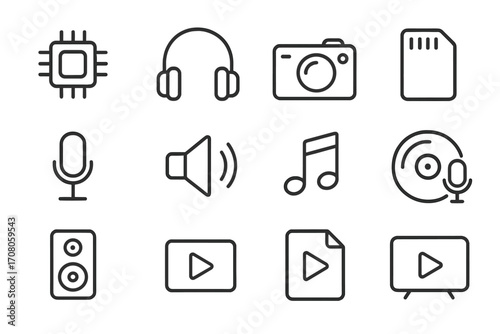 Sound and video line icon bundle modern design collection for websites apps and cards with chip headphones camera memory card microphone speaker music note play button digital media