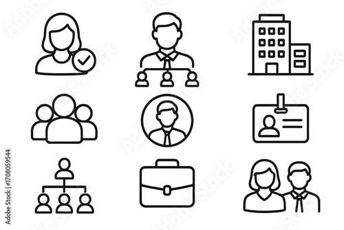 Staff and Company Outline Style Icons for Design, Business Cards, Apps, Social Networks, Vector Cartoon Illustration Transparent Background, Ordered Set, Team, Office