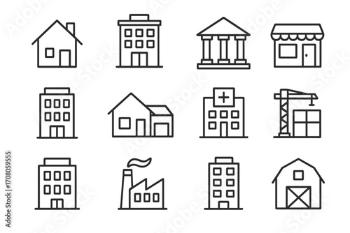 Various houses and constructions line icon pack, modern linear building collection for design, websites, apps, cards, includes apartments, banks, stores, factories, hospital icons