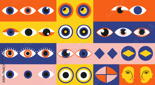 Colorful abstract eye compositions showcasing different shapes, styles, and perspectives in a pattern
