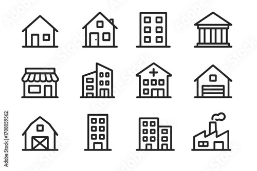 Various Houses and Constructions Line Icon Pack, Modern Collection of Linear Buildings, Apartments, Banks, Stores, Factories, Hospital, Garage, Barn, Architecture Design for Web and Apps