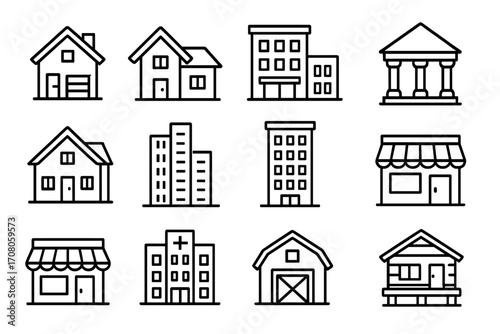 Modern line icon set of various houses, apartments, banks, stores, hospitals, barns, and buildings for design, websites, apps, cards, linear construction and real estate collection