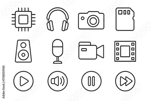 Sound and video line icon set modern collection for design web apps cards, linear vector images of chip headphones camera memory card microphone speaker play pause fast forward