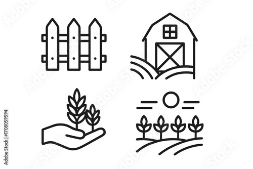 Agriculture and farming line icon set. Editable stroke icons for web and app design. Vector symbols of barn, fence, harvest, crop growth, field, and plantation. Rural farm life.