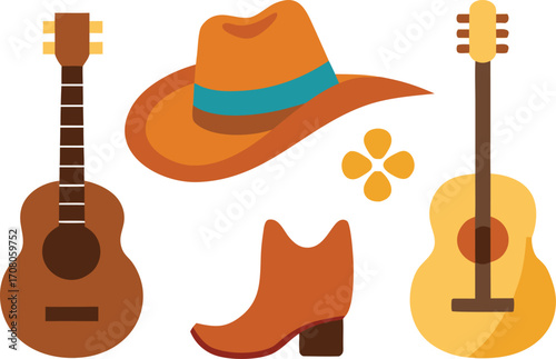 Country music festival elements bundle cowboy hat guitar boot icons vector eps scalable