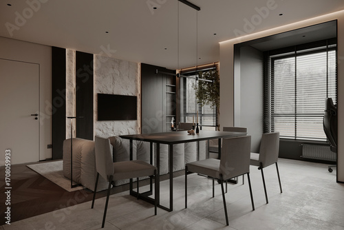 Wallpaper Mural Contemporary dining area with a minimalist table, chairs, and natural light streaming through large windows, creating a calm ambiance. Torontodigital.ca