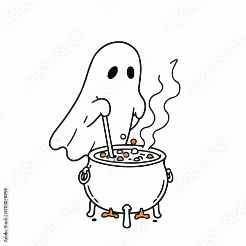 A cute cartoon ghost stirring a bubbling cauldron with a wooden spoon, steam rising from the pot, perfect for Halloween themes.