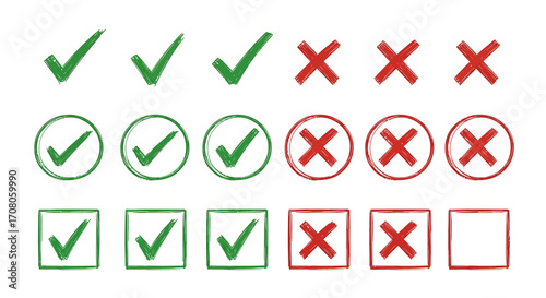 Set of green checkmarks and red crosses in different styles, including freehand strokes, circles, and squares, isolated on a, representing choices, decisions, and options