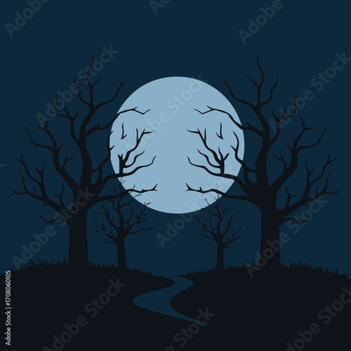 A spooky, silhouetted landscape under a large, pale moon with bare trees framing a winding path.