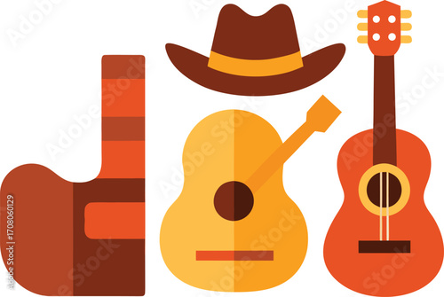 Country music festival elements bundle vector illustration cowboy hat guitars